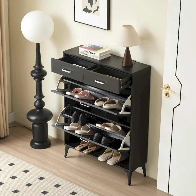 Grand meuble à chaussures, organiseur de chaussures autoportant avec 2 tiroirs à bascule et 2 tiroirs