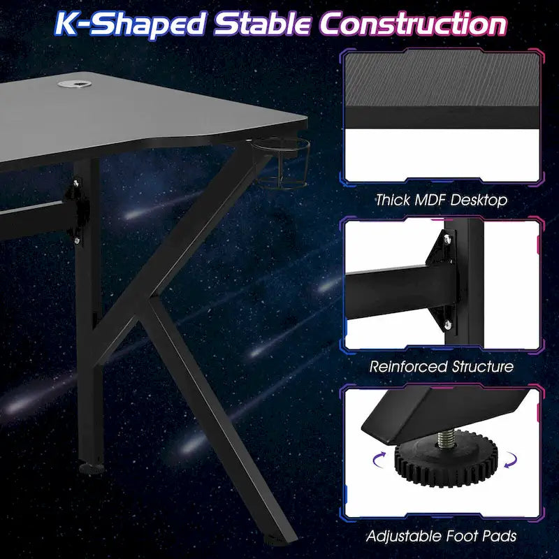 Bureau de jeu en K de 48 pouces avec porte-gobelet