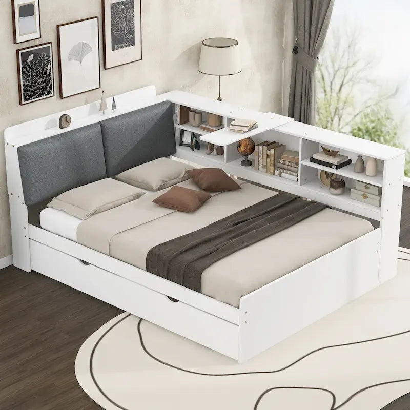 Cadre de lit de repos en bois avec rangement, lit plateforme moderne avec lit gigogne et tête de lit rembourrée et étagères, aucun sommier tapissier requis