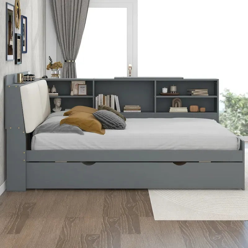Cadre de lit de repos en bois avec rangement, lit plateforme moderne avec lit gigogne et tête de lit rembourrée et étagères, aucun sommier tapissier requis