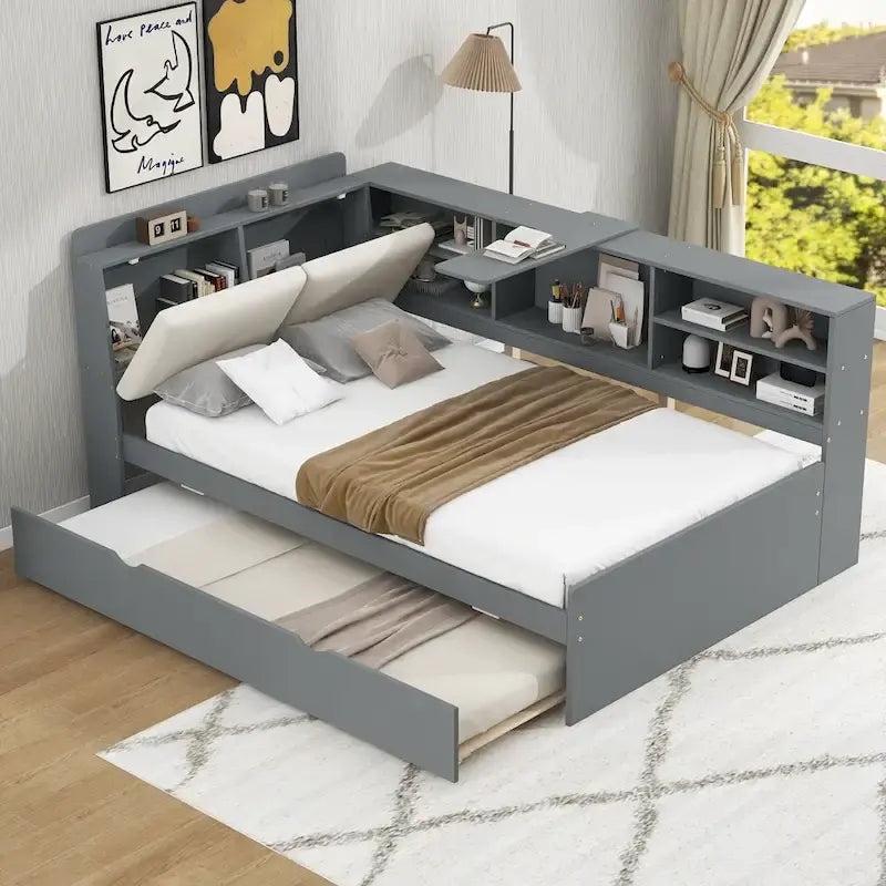 Cadre de lit de repos en bois avec rangement, lit plateforme moderne avec lit gigogne et tête de lit rembourrée et étagères, aucun sommier tapissier requis