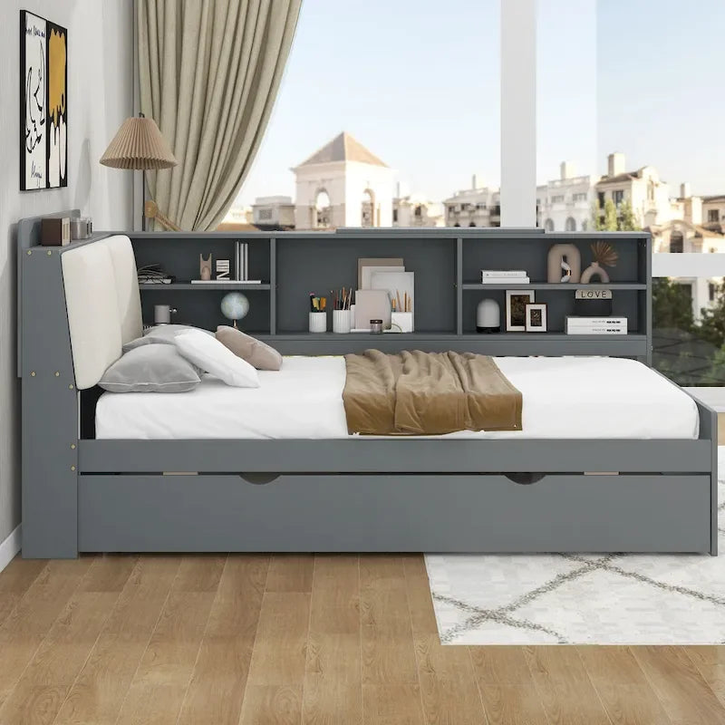 Cadre de lit de repos en bois avec rangement, lit plateforme moderne avec lit gigogne et tête de lit rembourrée et étagères, aucun sommier tapissier requis