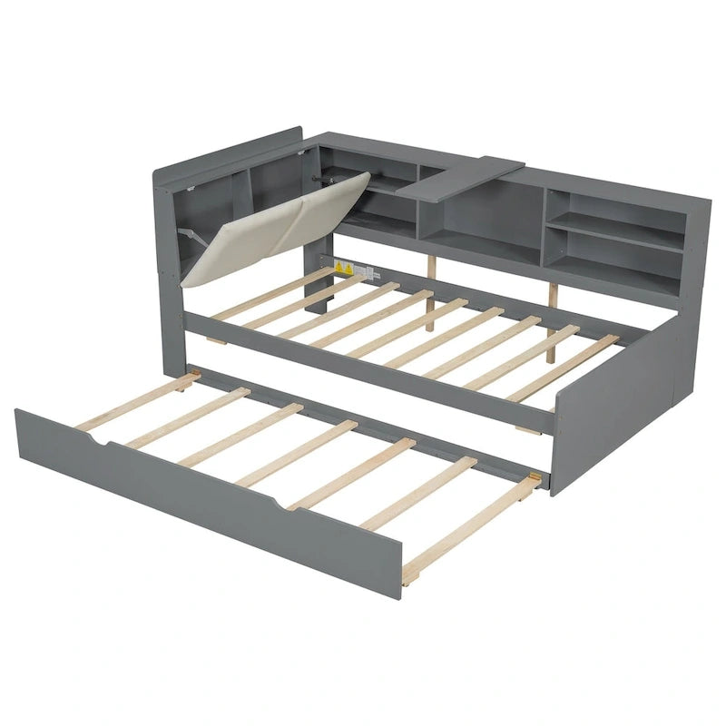 Cadre de lit de repos en bois avec rangement, lit plateforme moderne avec lit gigogne et tête de lit rembourrée et étagères, aucun sommier tapissier requis