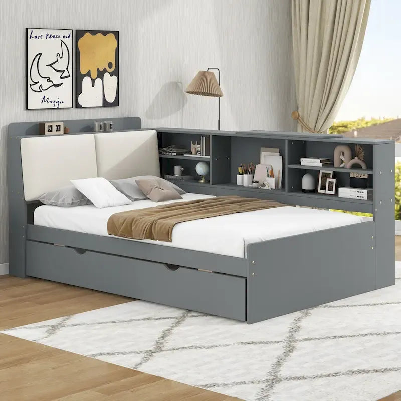 Cadre de lit de repos en bois avec rangement, lit plateforme moderne avec lit gigogne et tête de lit rembourrée et étagères, aucun sommier tapissier requis