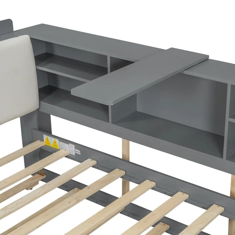 Cadre de lit de repos en bois avec rangement, lit plateforme moderne avec lit gigogne et tête de lit rembourrée et étagères, aucun sommier tapissier requis