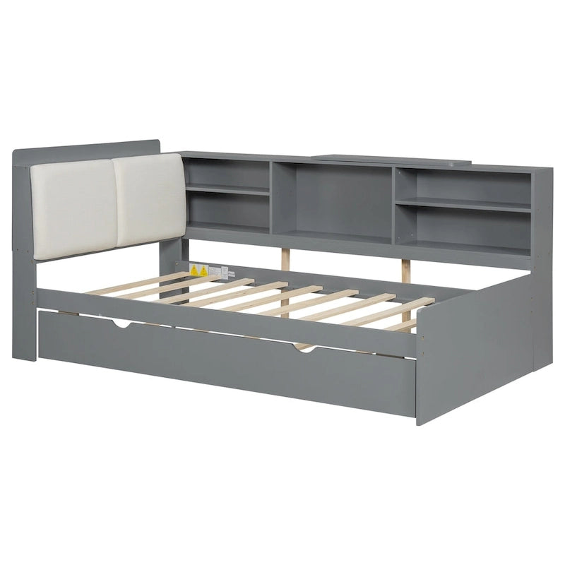 Cadre de lit de repos en bois avec rangement, lit plateforme moderne avec lit gigogne et tête de lit rembourrée et étagères, aucun sommier tapissier requis