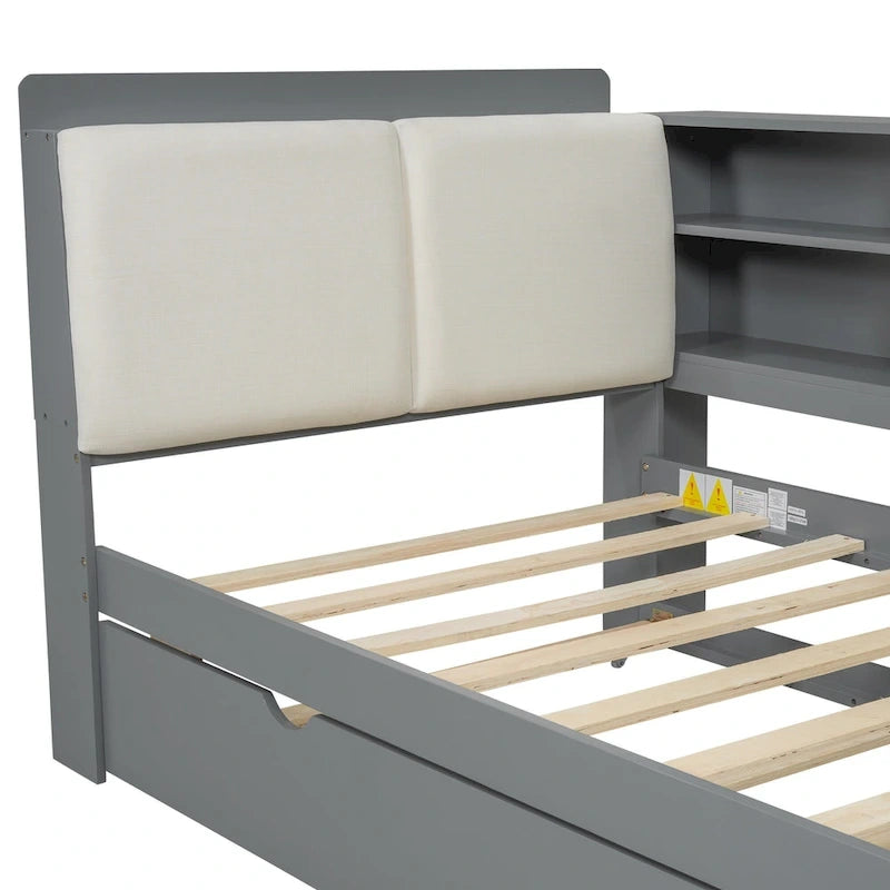 Cadre de lit de repos en bois avec rangement, lit plateforme moderne avec lit gigogne et tête de lit rembourrée et étagères, aucun sommier tapissier requis