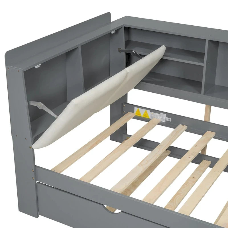 Cadre de lit de repos en bois avec rangement, lit plateforme moderne avec lit gigogne et tête de lit rembourrée et étagères, aucun sommier tapissier requis