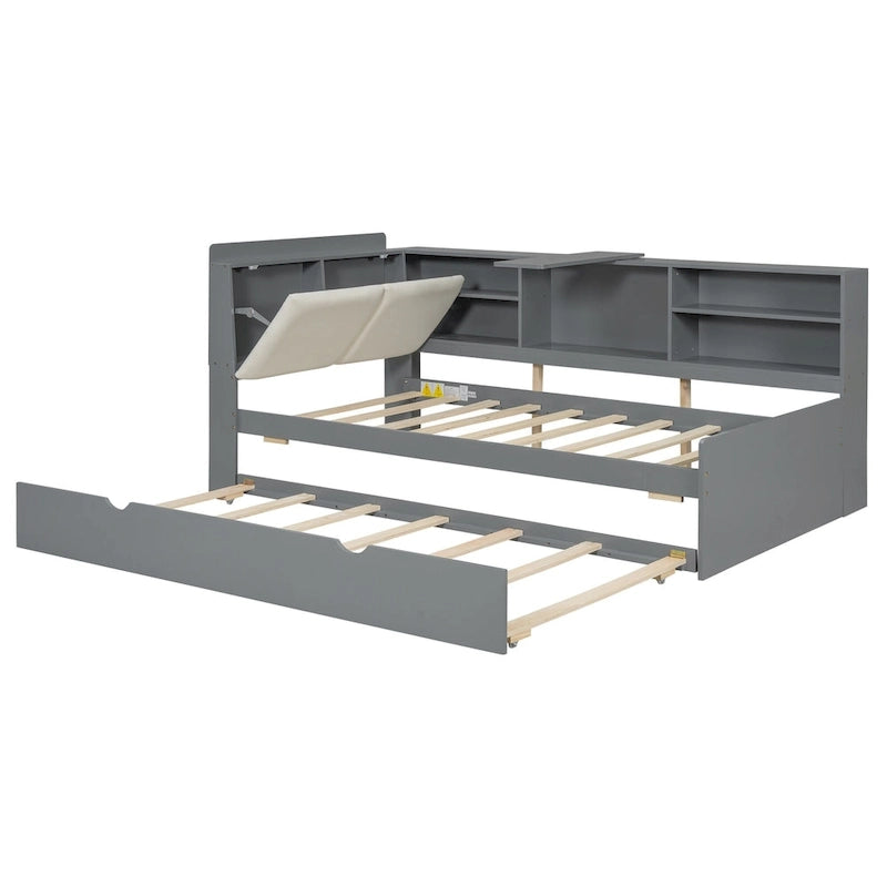 Cadre de lit de repos en bois avec rangement, lit plateforme moderne avec lit gigogne et tête de lit rembourrée et étagères, aucun sommier tapissier requis
