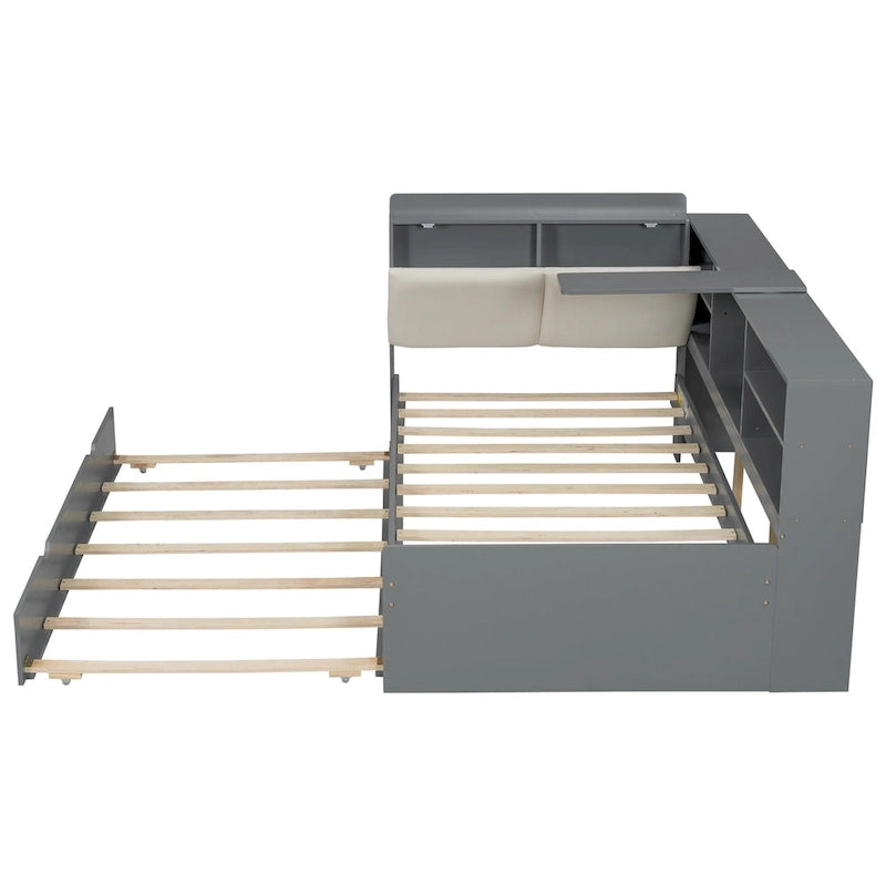 Cadre de lit de repos en bois avec rangement, lit plateforme moderne avec lit gigogne et tête de lit rembourrée et étagères, aucun sommier tapissier requis