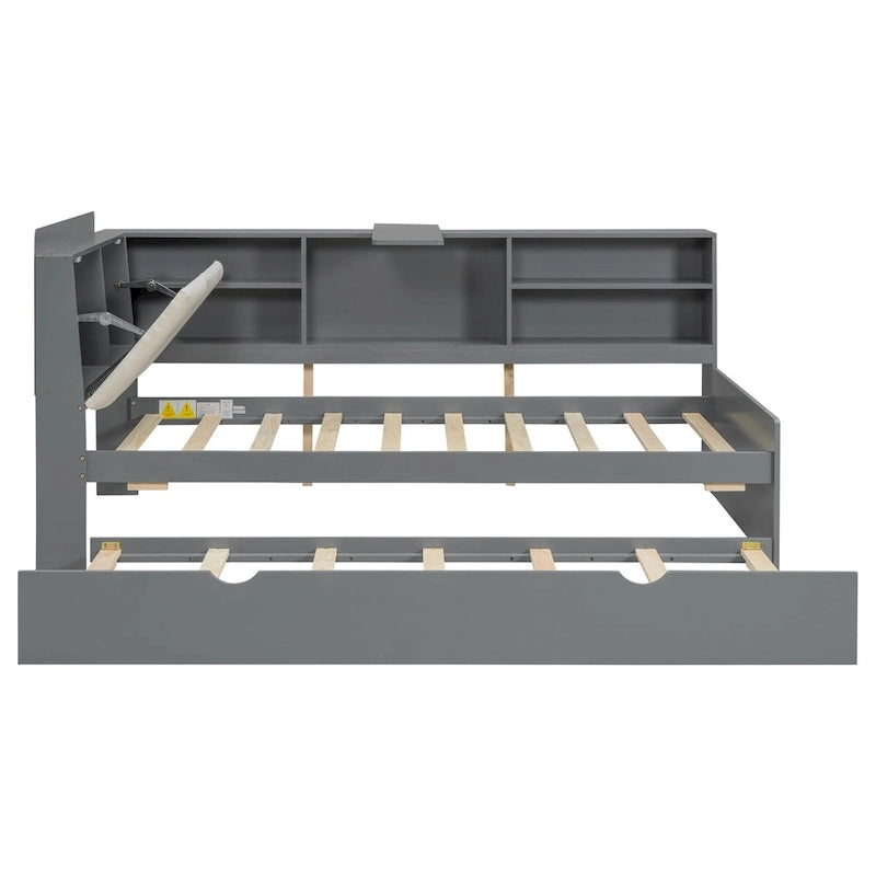 Cadre de lit de repos en bois avec rangement, lit plateforme moderne avec lit gigogne et tête de lit rembourrée et étagères, aucun sommier tapissier requis