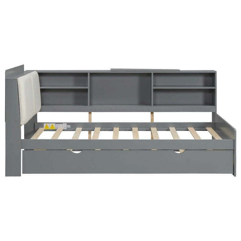 Cadre de lit de repos en bois avec rangement, lit plateforme moderne avec lit gigogne et tête de lit rembourrée et étagères, aucun sommier tapissier requis