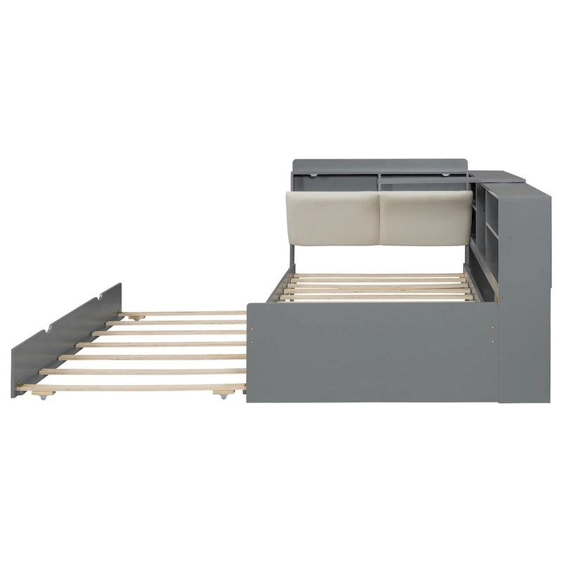Cadre de lit de repos en bois avec rangement, lit plateforme moderne avec lit gigogne et tête de lit rembourrée et étagères, aucun sommier tapissier requis
