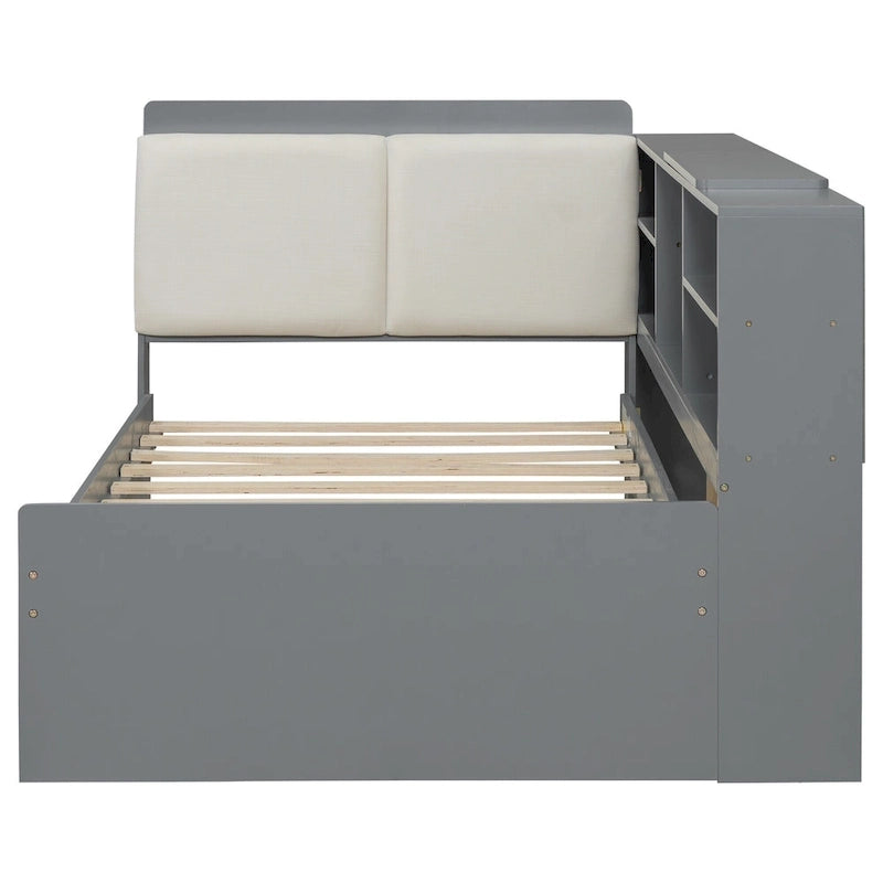 Cadre de lit de repos en bois avec rangement, lit plateforme moderne avec lit gigogne et tête de lit rembourrée et étagères, aucun sommier tapissier requis