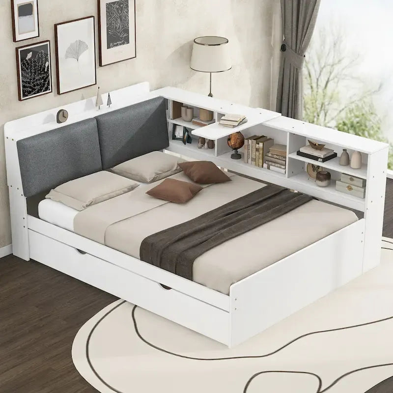 Cadre de lit de repos en bois avec rangement, lit plateforme moderne avec lit gigogne et tête de lit rembourrée et étagères, aucun sommier tapissier requis
