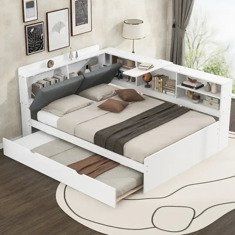 Cadre de lit de repos en bois avec rangement, lit plateforme moderne avec lit gigogne et tête de lit rembourrée et étagères, aucun sommier tapissier requis
