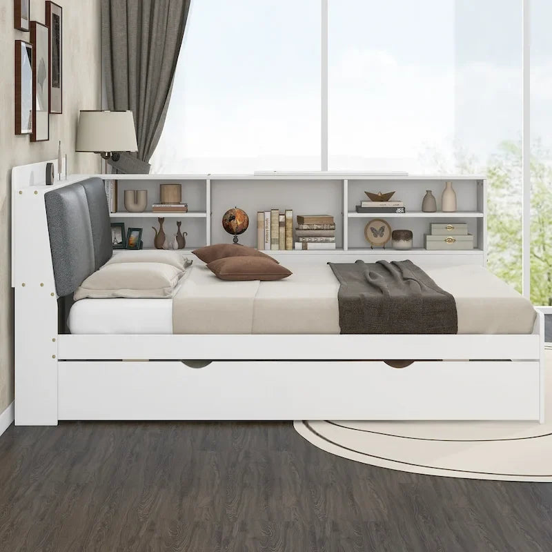 Cadre de lit de repos en bois avec rangement, lit plateforme moderne avec lit gigogne et tête de lit rembourrée et étagères, aucun sommier tapissier requis