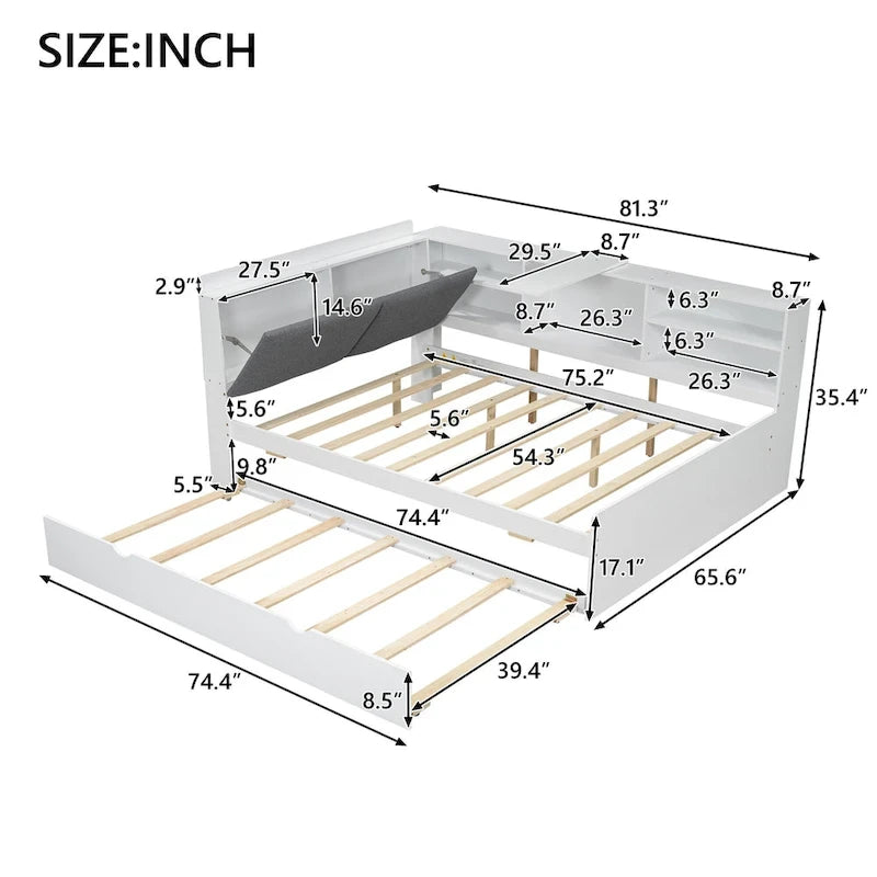 Cadre de lit de repos en bois avec rangement, lit plateforme moderne avec lit gigogne et tête de lit rembourrée et étagères, aucun sommier tapissier requis