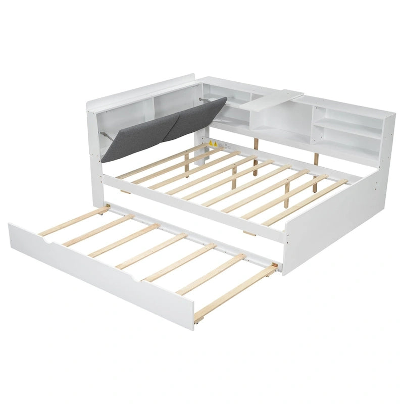 Cadre de lit de repos en bois avec rangement, lit plateforme moderne avec lit gigogne et tête de lit rembourrée et étagères, aucun sommier tapissier requis