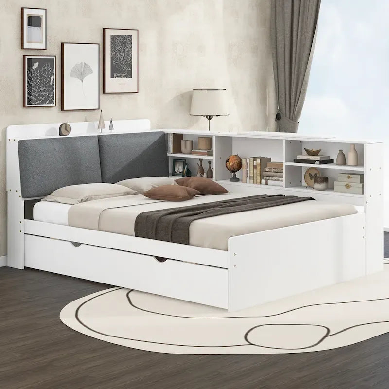 Cadre de lit de repos en bois avec rangement, lit plateforme moderne avec lit gigogne et tête de lit rembourrée et étagères, aucun sommier tapissier requis
