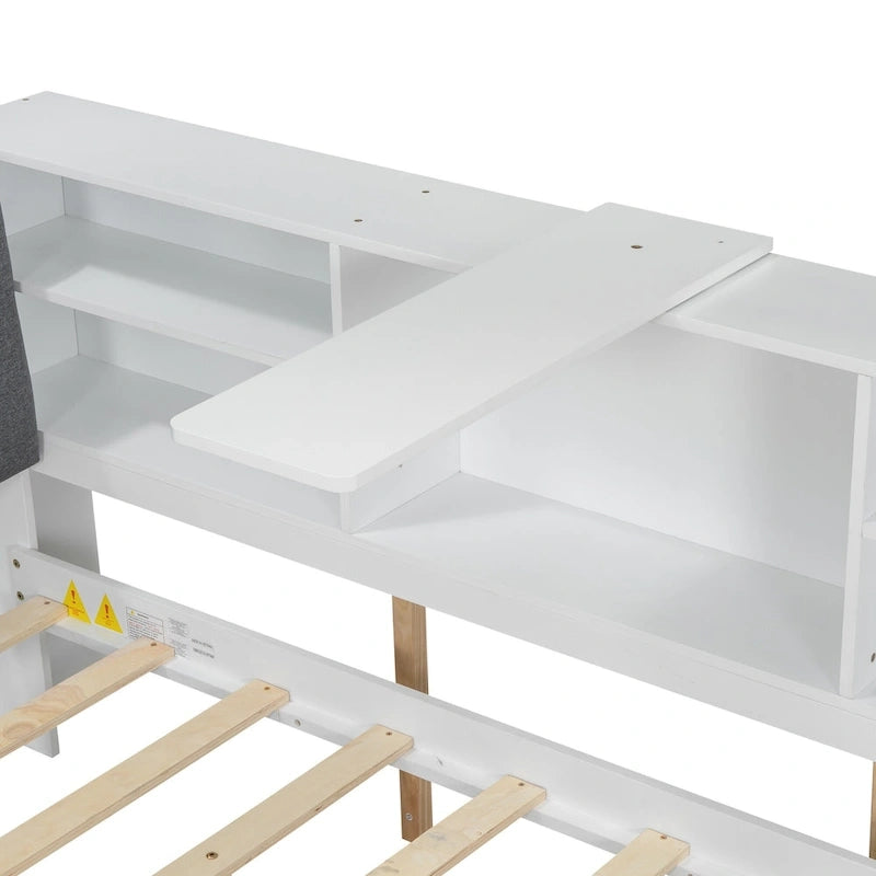 Cadre de lit de repos en bois avec rangement, lit plateforme moderne avec lit gigogne et tête de lit rembourrée et étagères, aucun sommier tapissier requis