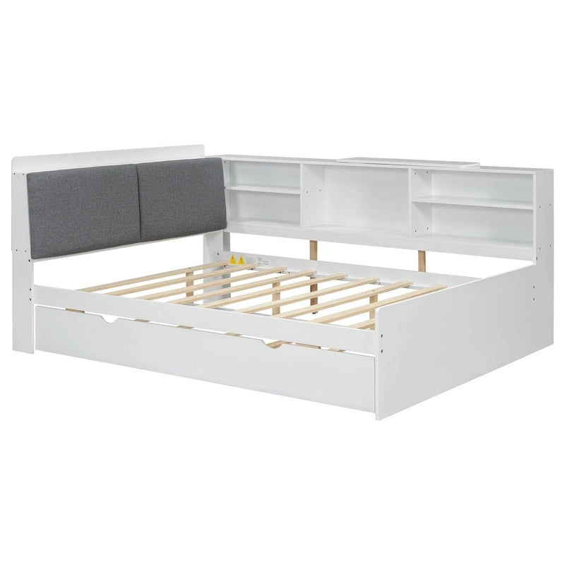 Cadre de lit de repos en bois avec rangement, lit plateforme moderne avec lit gigogne et tête de lit rembourrée et étagères, aucun sommier tapissier requis