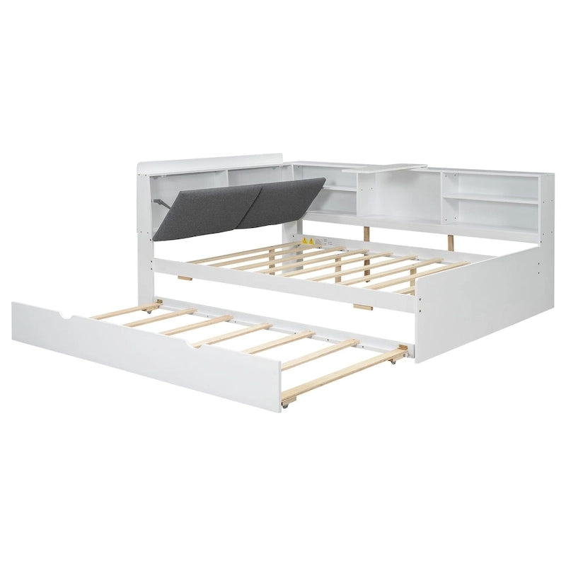 Cadre de lit de repos en bois avec rangement, lit plateforme moderne avec lit gigogne et tête de lit rembourrée et étagères, aucun sommier tapissier requis