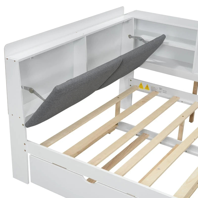 Cadre de lit de repos en bois avec rangement, lit plateforme moderne avec lit gigogne et tête de lit rembourrée et étagères, aucun sommier tapissier requis