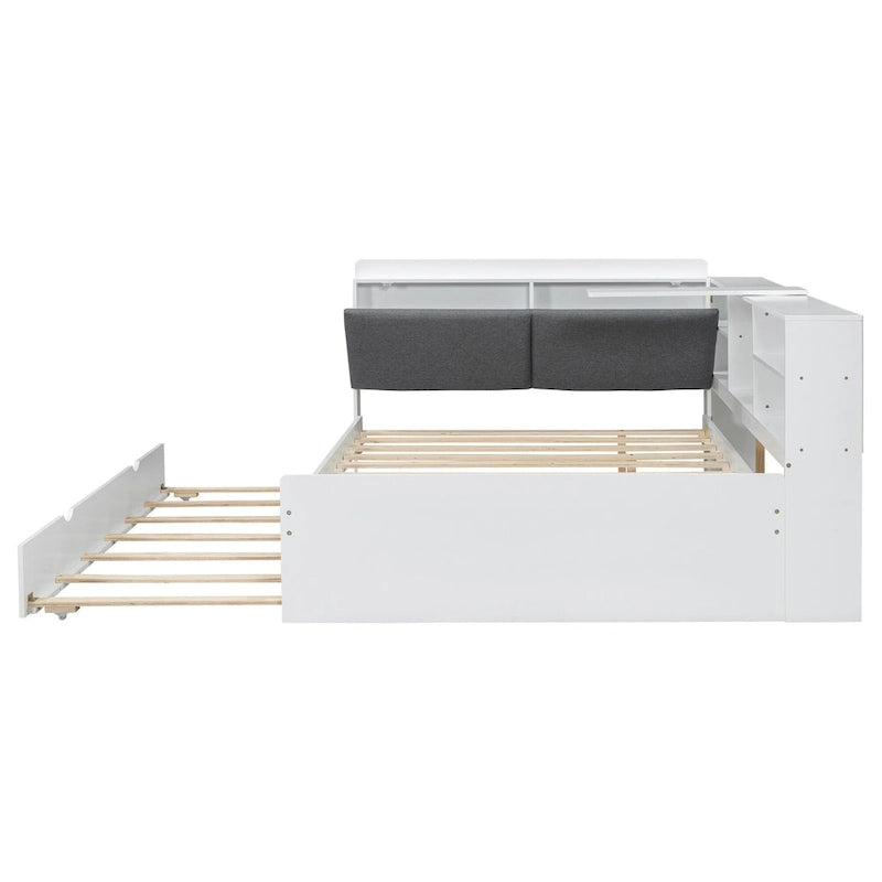 Cadre de lit de repos en bois avec rangement, lit plateforme moderne avec lit gigogne et tête de lit rembourrée et étagères, aucun sommier tapissier requis