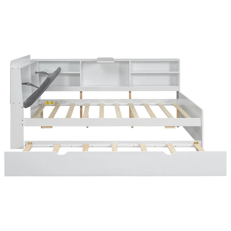 Cadre de lit de repos en bois avec rangement, lit plateforme moderne avec lit gigogne et tête de lit rembourrée et étagères, aucun sommier tapissier requis