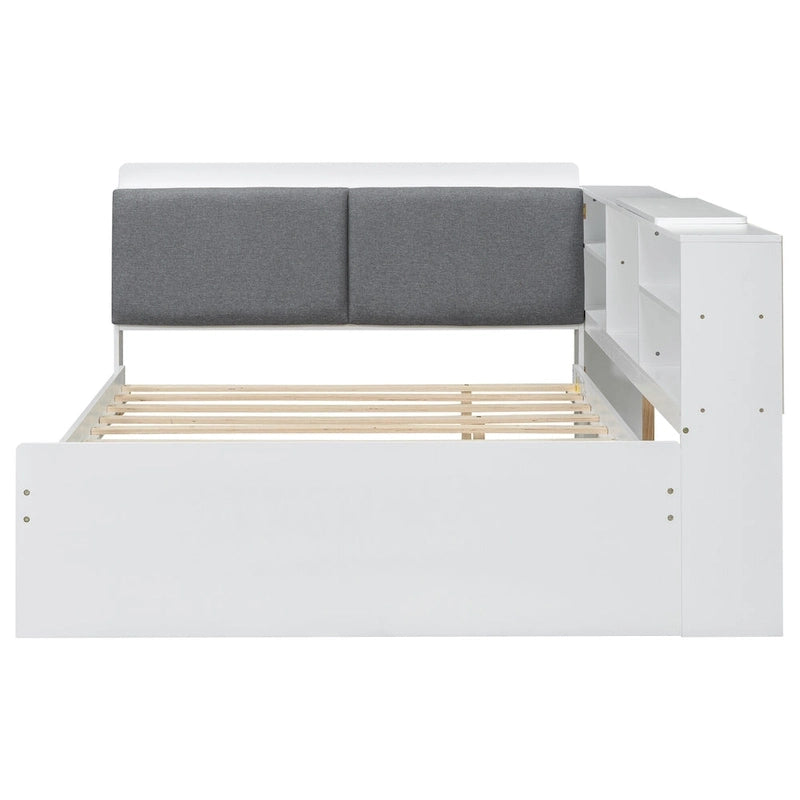 Cadre de lit de repos en bois avec rangement, lit plateforme moderne avec lit gigogne et tête de lit rembourrée et étagères, aucun sommier tapissier requis
