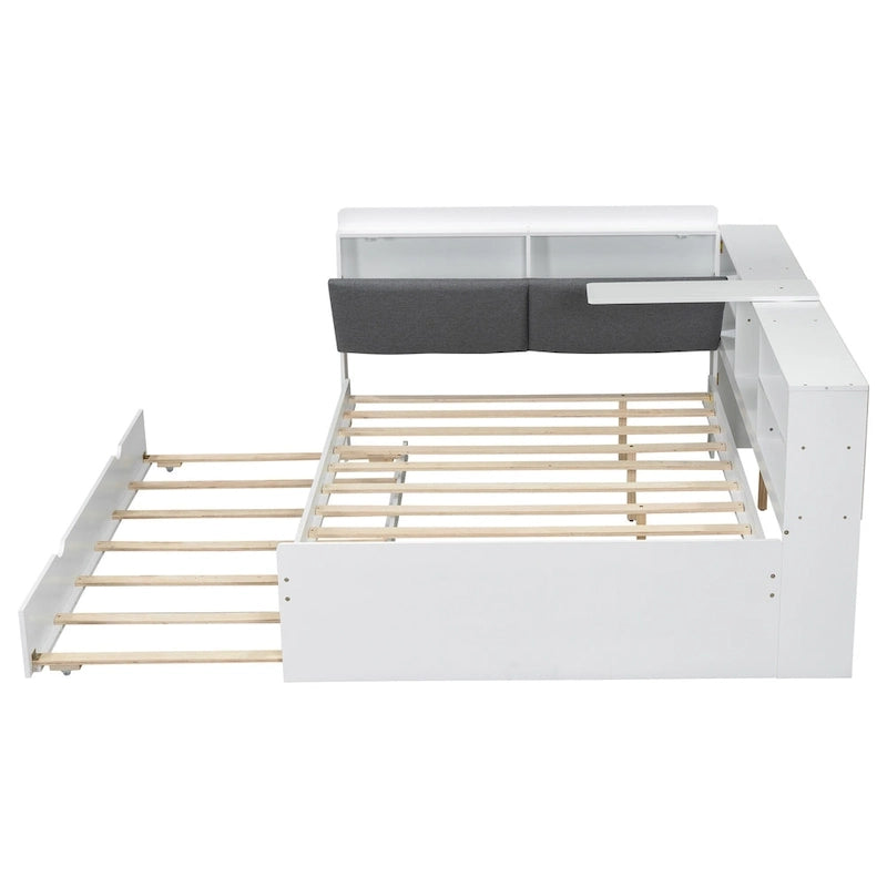Cadre de lit de repos en bois avec rangement, lit plateforme moderne avec lit gigogne et tête de lit rembourrée et étagères, aucun sommier tapissier requis