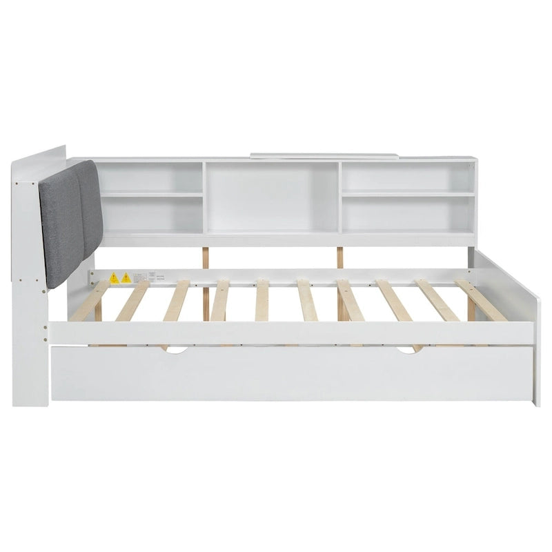 Cadre de lit de repos en bois avec rangement, lit plateforme moderne avec lit gigogne et tête de lit rembourrée et étagères, aucun sommier tapissier requis