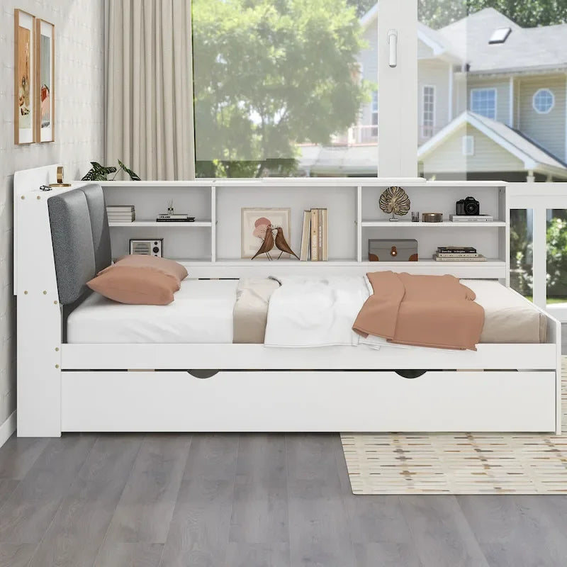 Cadre de lit de repos en bois avec rangement, lit plateforme moderne avec lit gigogne et tête de lit rembourrée et étagères, aucun sommier tapissier requis