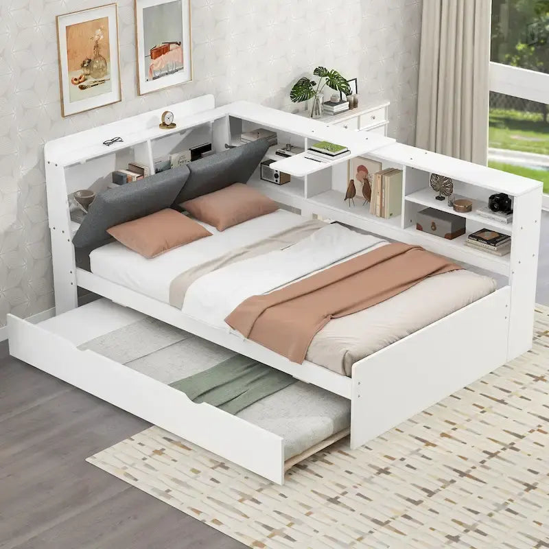 Cadre de lit de repos en bois avec rangement, lit plateforme moderne avec lit gigogne et tête de lit rembourrée et étagères, aucun sommier tapissier requis