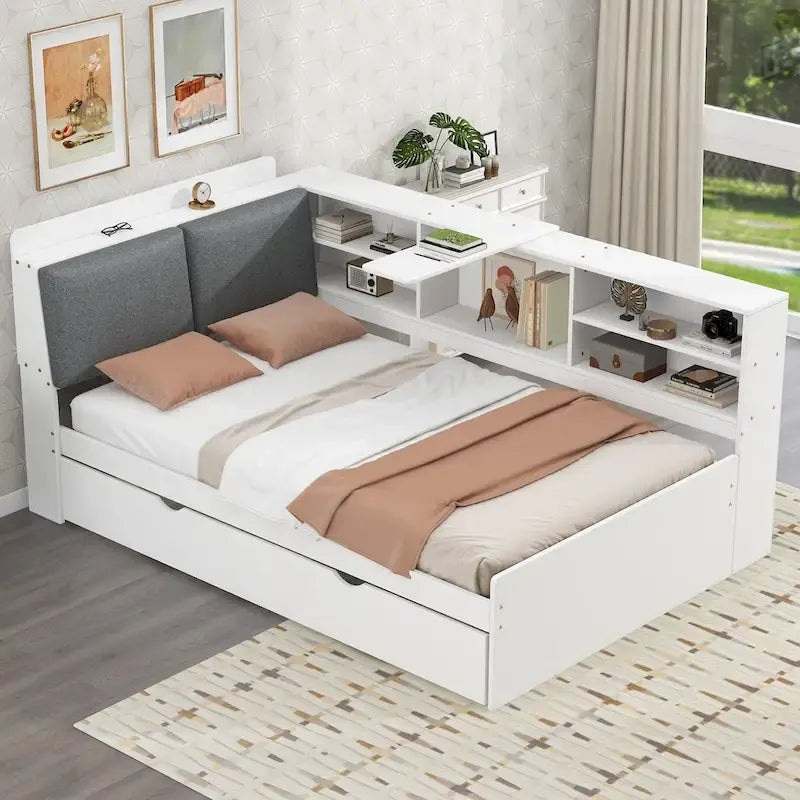 Cadre de lit de repos en bois avec rangement, lit plateforme moderne avec lit gigogne et tête de lit rembourrée et étagères, aucun sommier tapissier requis