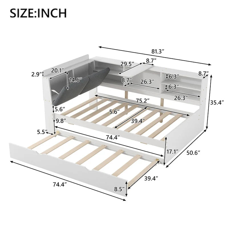 Cadre de lit de repos en bois avec rangement, lit plateforme moderne avec lit gigogne et tête de lit rembourrée et étagères, aucun sommier tapissier requis