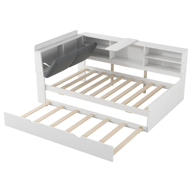 Cadre de lit de repos en bois avec rangement, lit plateforme moderne avec lit gigogne et tête de lit rembourrée et étagères, aucun sommier tapissier requis