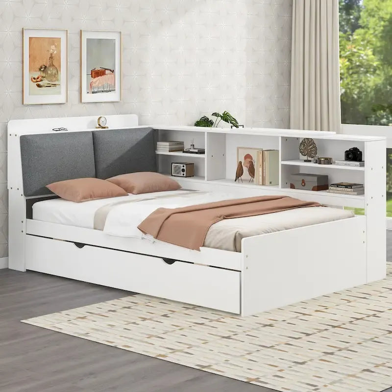 Cadre de lit de repos en bois avec rangement, lit plateforme moderne avec lit gigogne et tête de lit rembourrée et étagères, aucun sommier tapissier requis