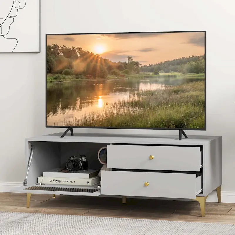 Meuble TV moderne pour téléviseurs de 55 pouces avec placard à porte abattante