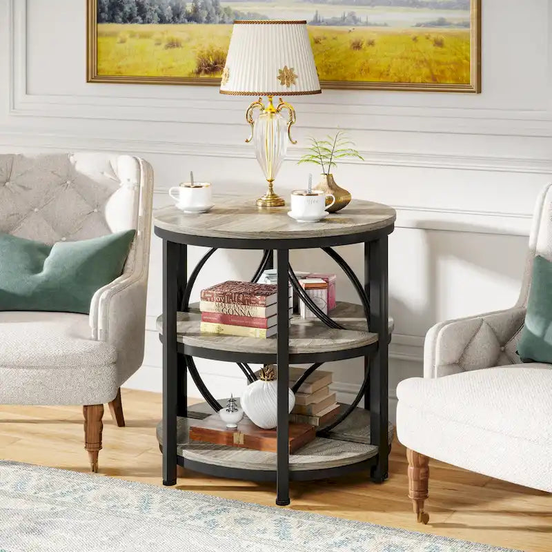 Table d'appoint demi-ronde, Table d'appoint demi-lune à 3 niveaux avec étagères de rangement