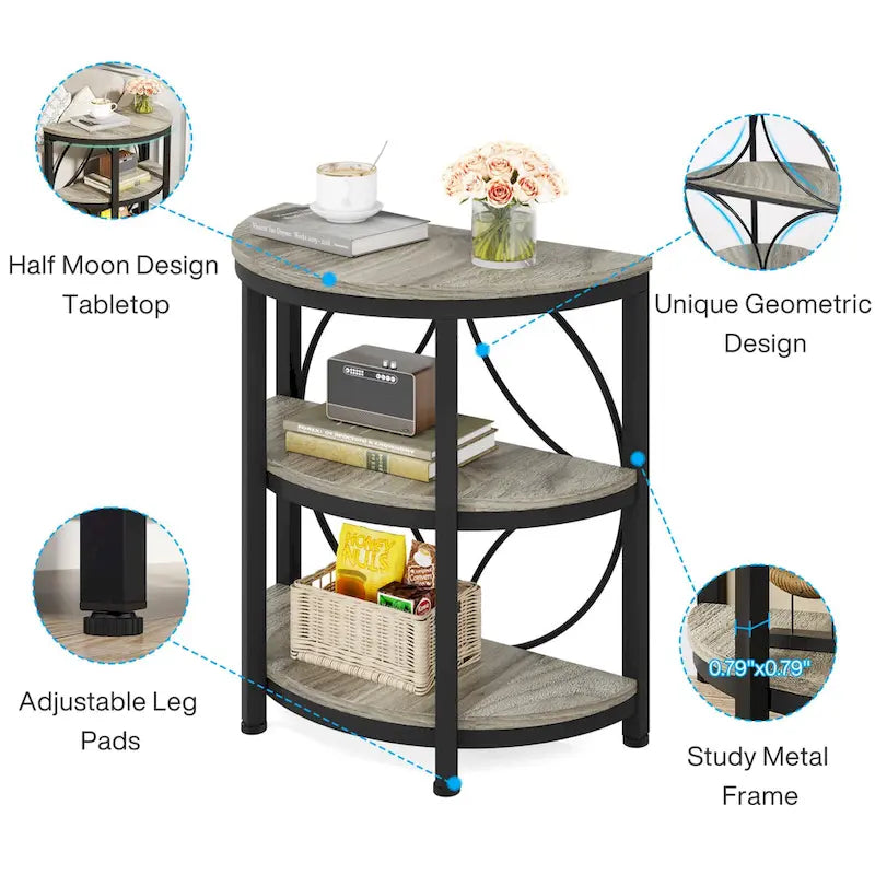 Table d'appoint demi-ronde, Table d'appoint demi-lune à 3 niveaux avec étagères de rangement
