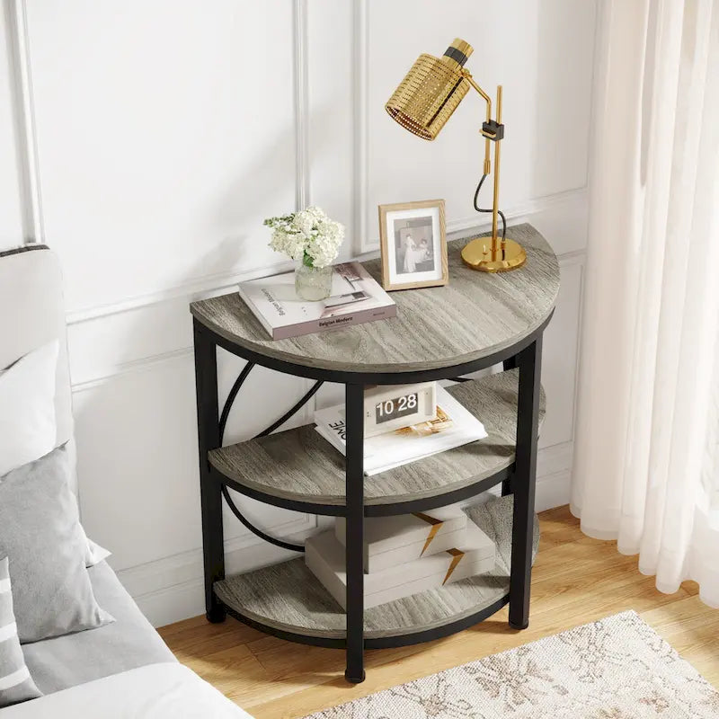 Table d'appoint demi-ronde, Table d'appoint demi-lune à 3 niveaux avec étagères de rangement