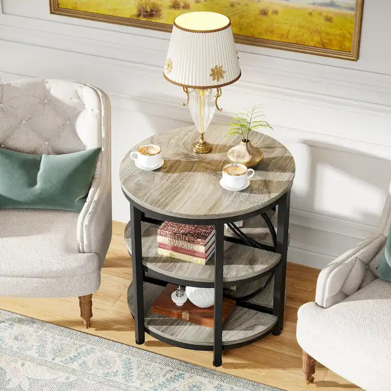 Table d'appoint demi-ronde, Table d'appoint demi-lune à 3 niveaux avec étagères de rangement