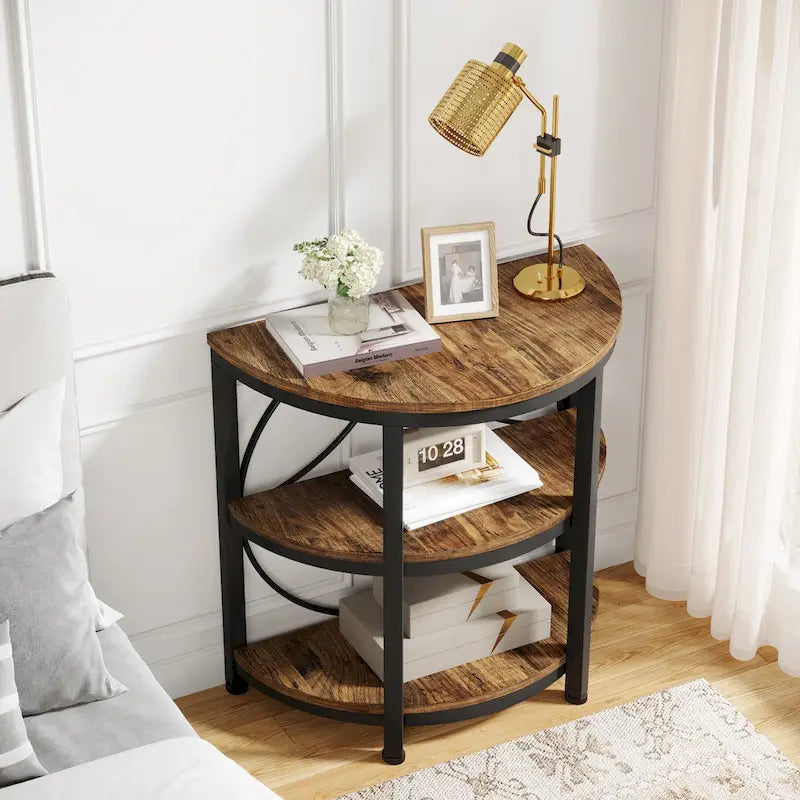 Table d'appoint demi-ronde, Table d'appoint demi-lune à 3 niveaux avec étagères de rangement