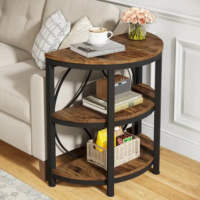 Table d'appoint demi-ronde, Table d'appoint demi-lune à 3 niveaux avec étagères de rangement