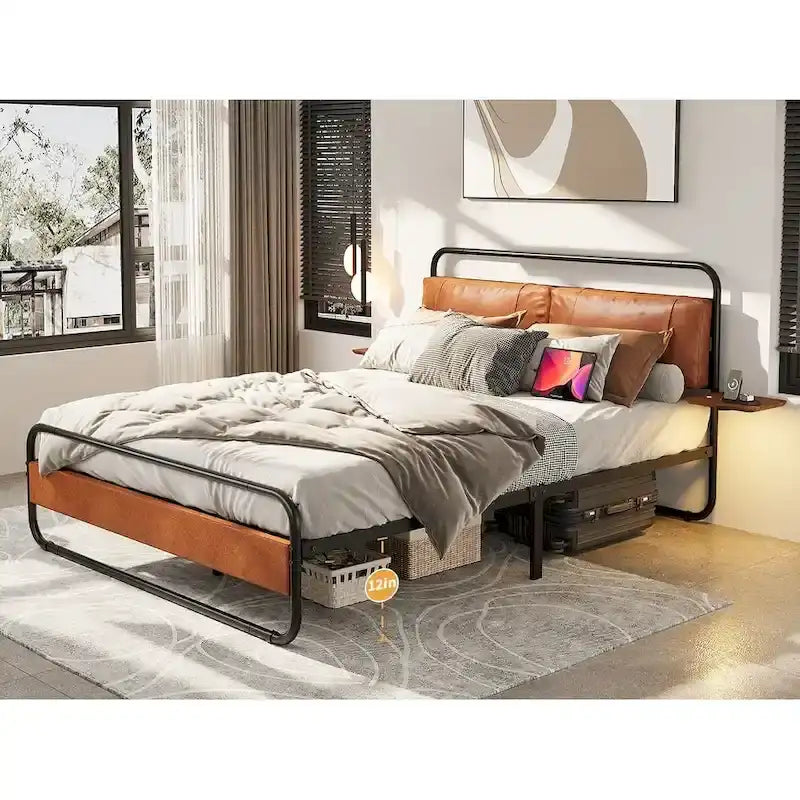 King Size Modern Metal Platform Bed with Upholstered Headboard and Charger