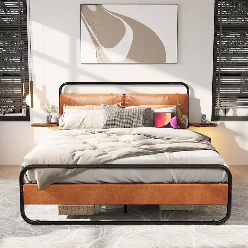 Lit Plateforme Métallique Moderne King Size avec Tête de Lit Rembourrée et Chargeur