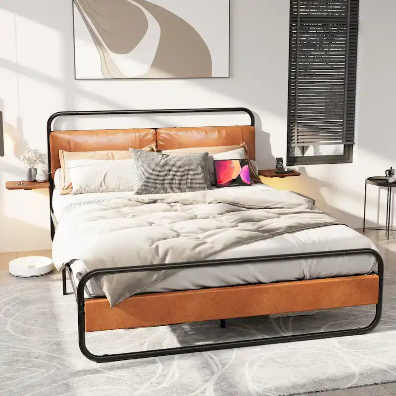 Lit Plateforme Métallique Moderne King Size avec Tête de Lit Rembourrée et Chargeur