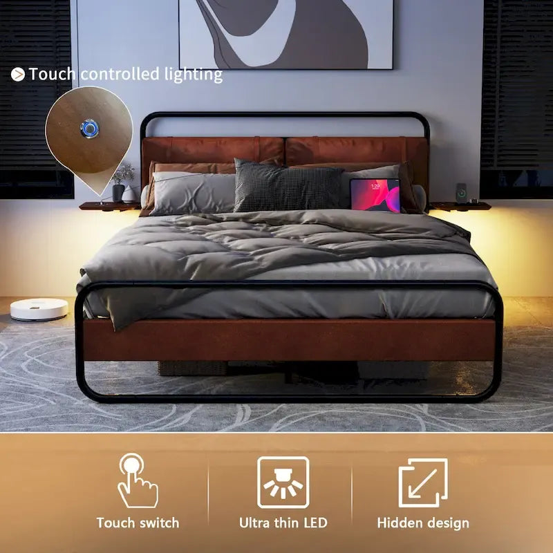 Lit Plateforme Métallique Moderne King Size avec Tête de Lit Rembourrée et Chargeur